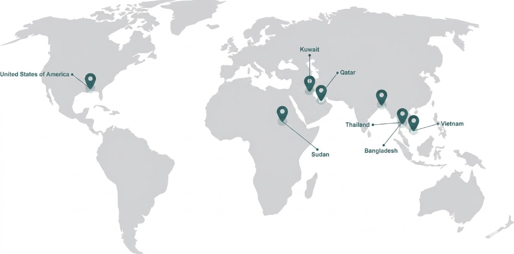 World map showing LINOVA CHEMICALS LLP export destinations: USA, Sudan, Kuwait, Qatar, Bangladesh, Thailand, and Vietnam